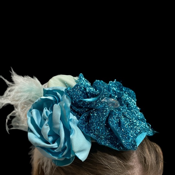Turquoise blue oversized sequin bow flower feather fascinator headband - Picture 1 of 5